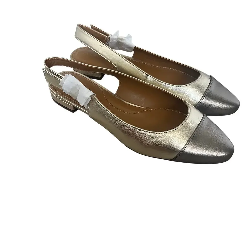 Talbots 'Edison' Womens 9M Metallic Slingback Cap Toe Flat Gold Shoe